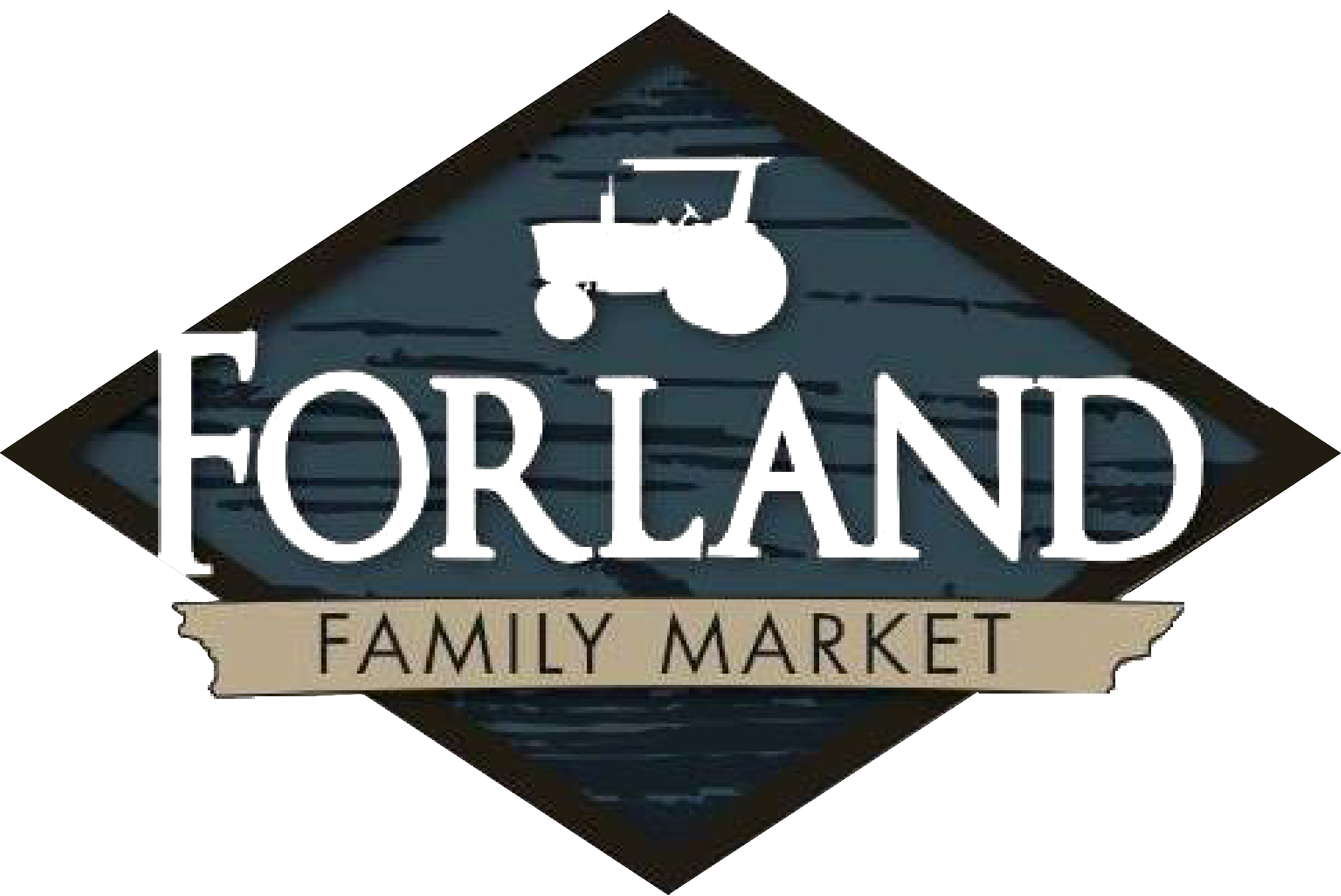 Logo of Forland Family Market featuring a stylized tractor design on a blue and black background, emphasizing a family-owned agricultural business.